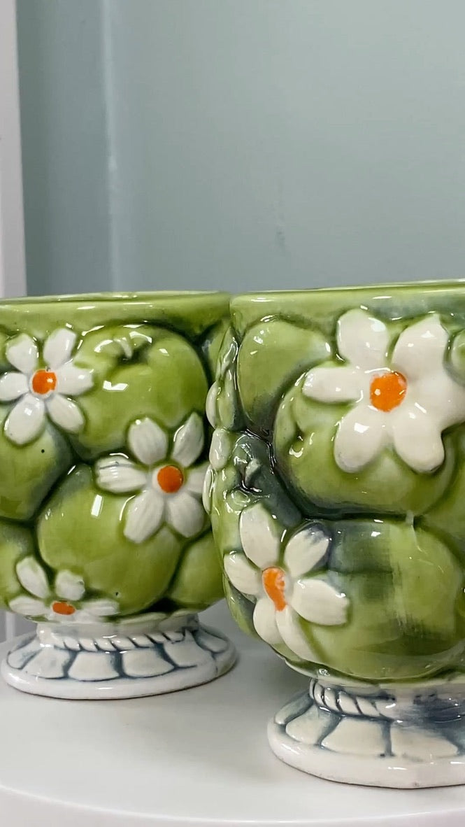 Midcentury Ceramic Mugs, Green Apple and Daisies Inarco 1967 at Duckwells
