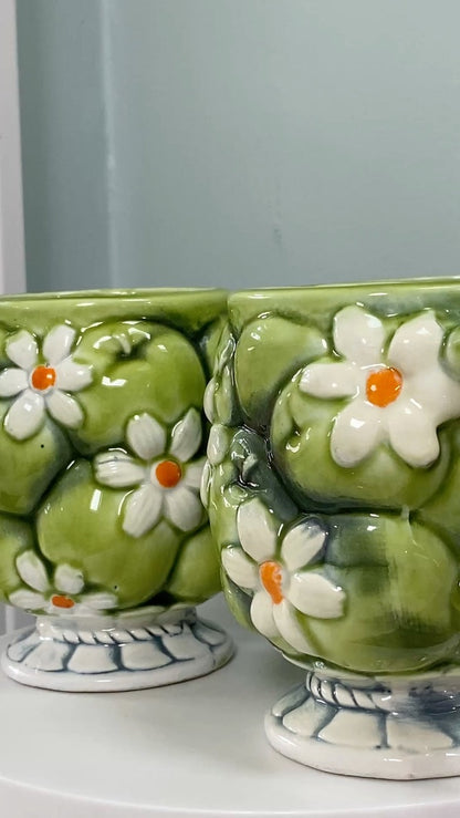 Midcentury Ceramic Mugs, Green Apple and Daisies Inarco 1967 at Duckwells