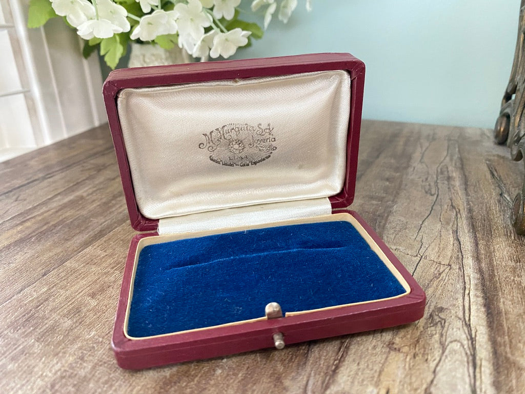 Antique Jewel Box, Leather with Lima Peru Jewelry Store Logo at Duckwells