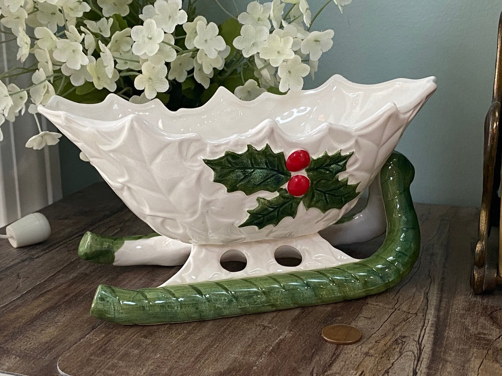 Midcentury Lefton Ceramic White Holly Sleigh at Duckwells
