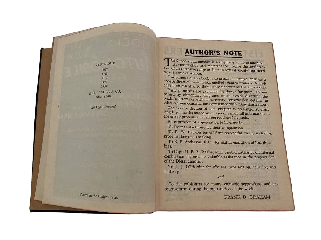 An open vintage book showing the author's note page on the right and the title/edition page on the left, photographed against a plain white background.