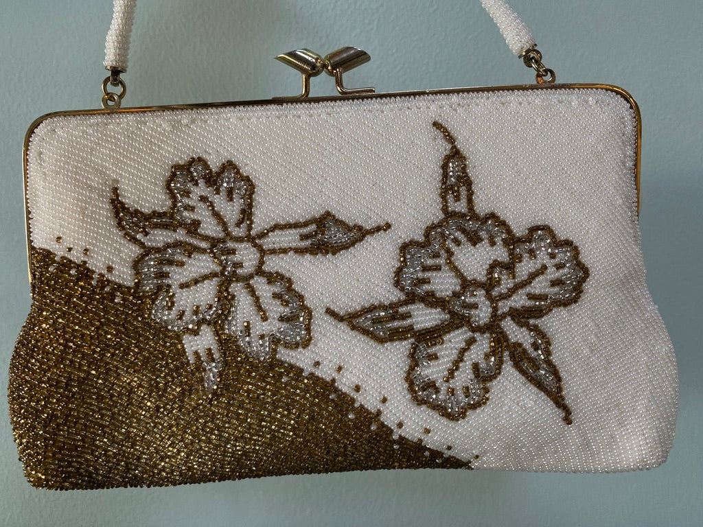 Vintage Bronze and White Beaded Purse at Duckwells
