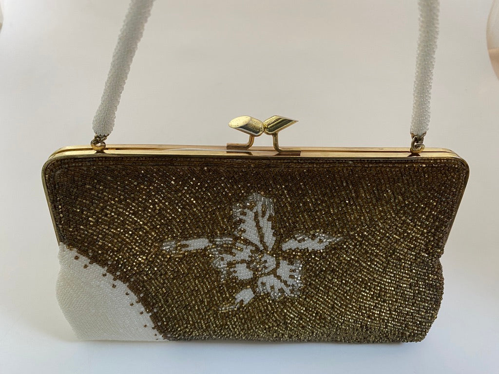 Vintage Bronze and White Beaded Purse at Duckwells
