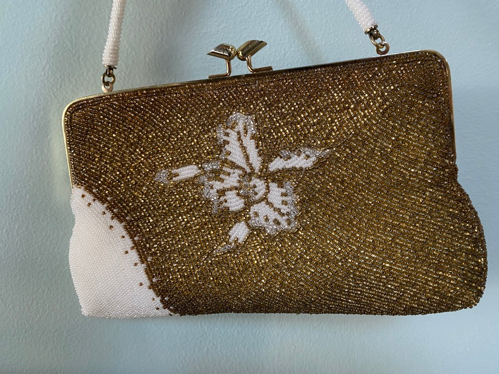Vintage Bronze and White Beaded Purse at Duckwells