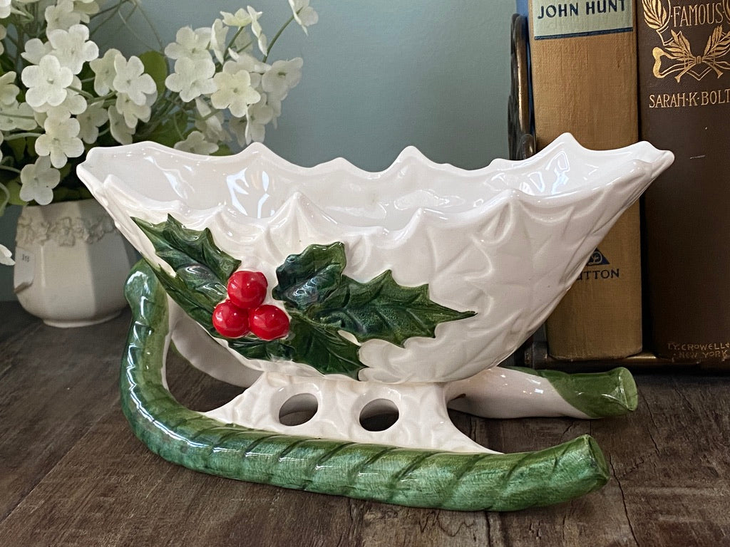 Midcentury Lefton Ceramic White Holly Sleigh at Duckwells