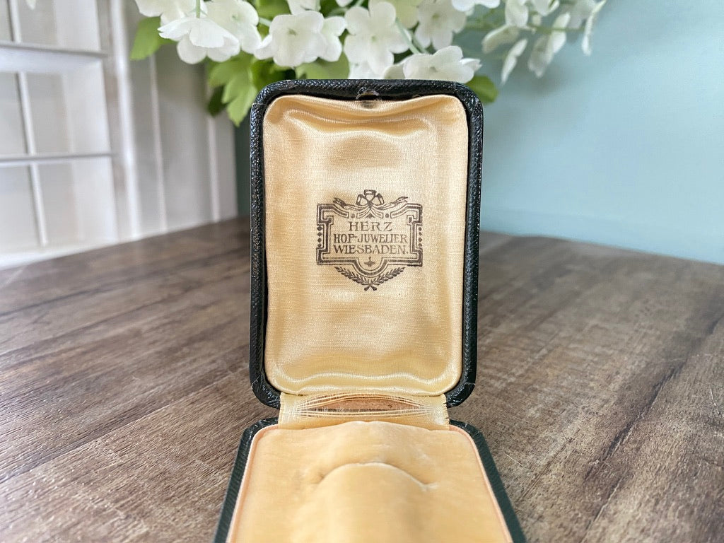 Antique Double Ring Box, Leather with German Jewelry Store Logo at Duckwells