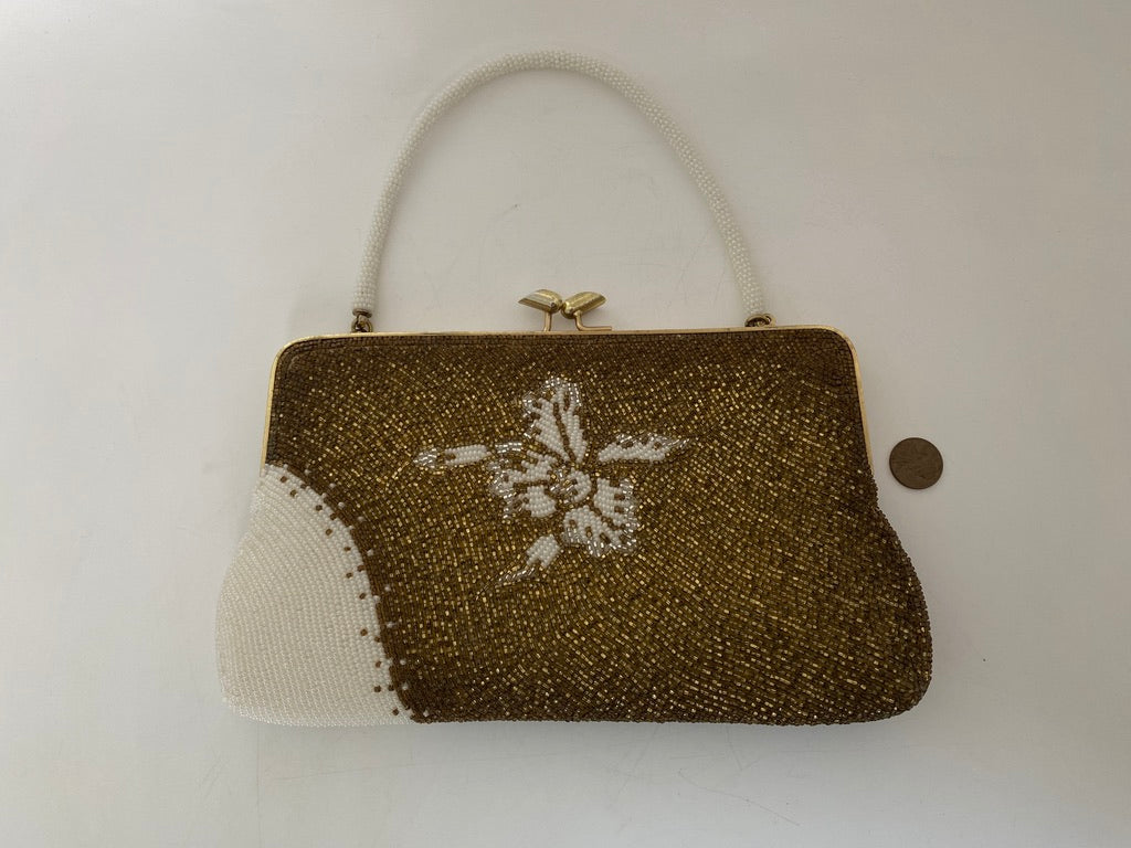 Vintage Bronze and White Beaded Purse at Duckwells