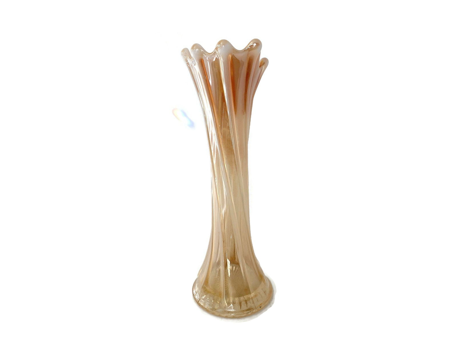 Antique Dugan Glass Pearl Iris Thin Ribbed Standard Swung Carnival Glass Vase - Duckwells