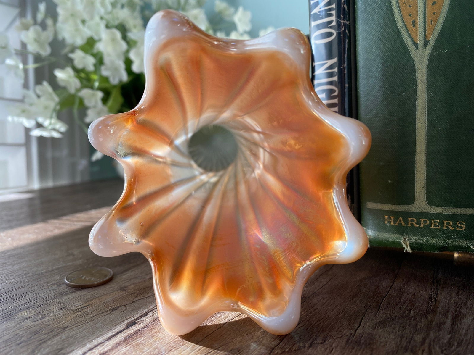 Antique Dugan Glass Pearl Iris Thin Ribbed Standard Swung Carnival Glass Vase - Duckwells