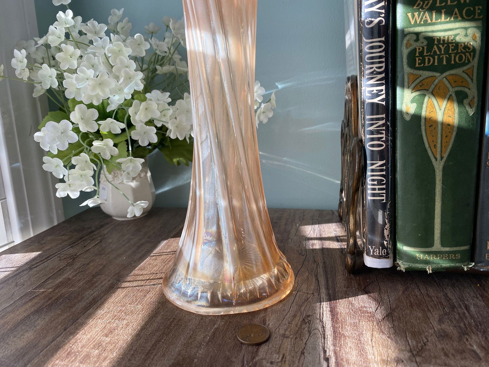 Antique Dugan Glass Pearl Iris Thin Ribbed Standard Swung Carnival Glass Vase - Duckwells
