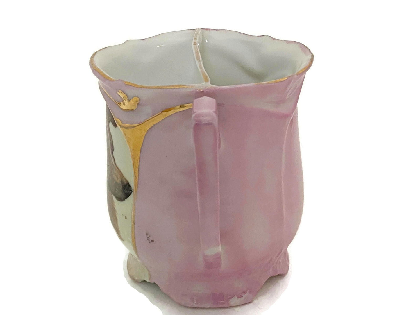 Antique Shaving Mug - Pink and Gold Lusterware Divided Porcelain Scuttle - Duckwells