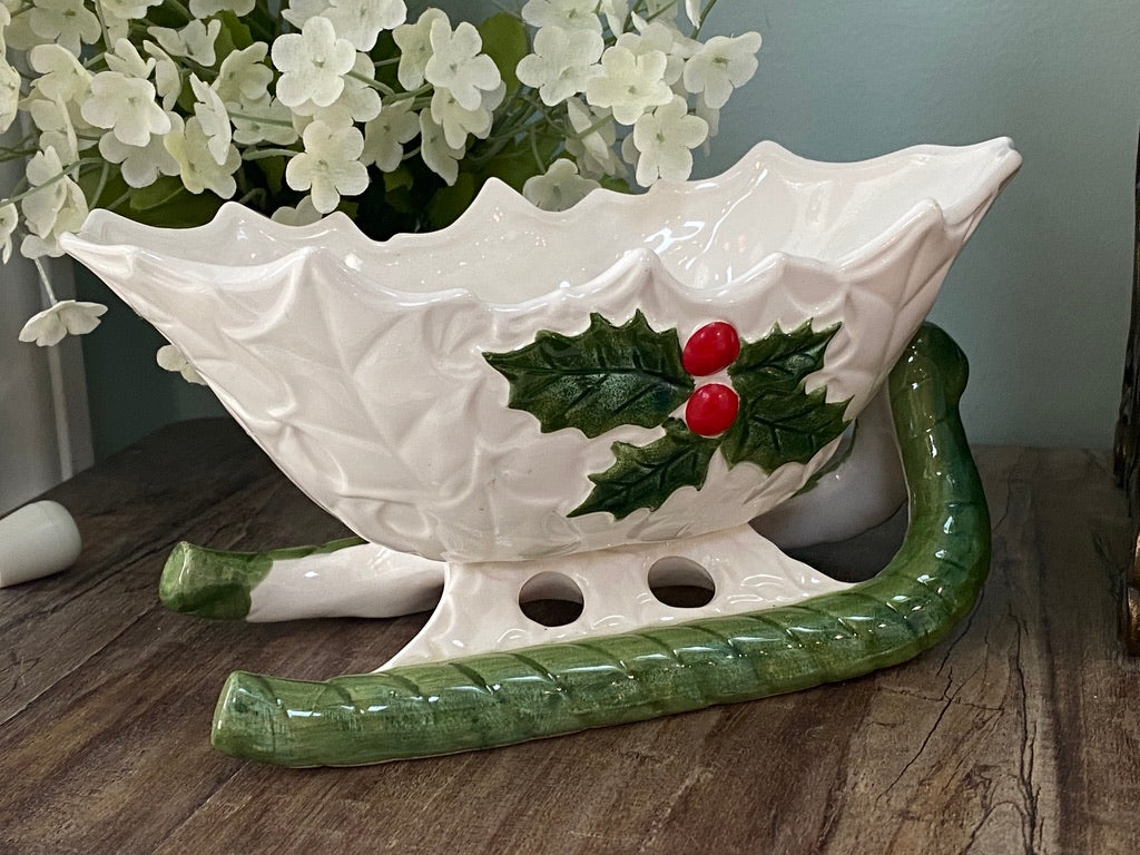 Midcentury Lefton Ceramic White Holly Sleigh at Duckwells