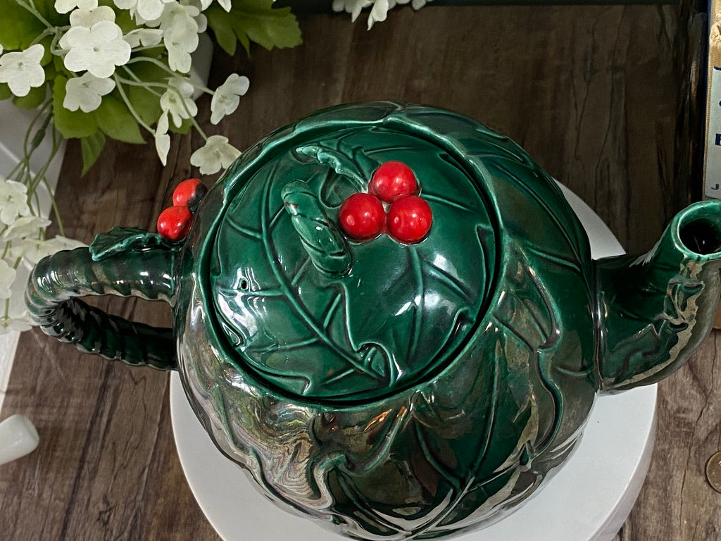 Midcentury Lefton Ceramic Green Holly Berry Teapot at Duckwells