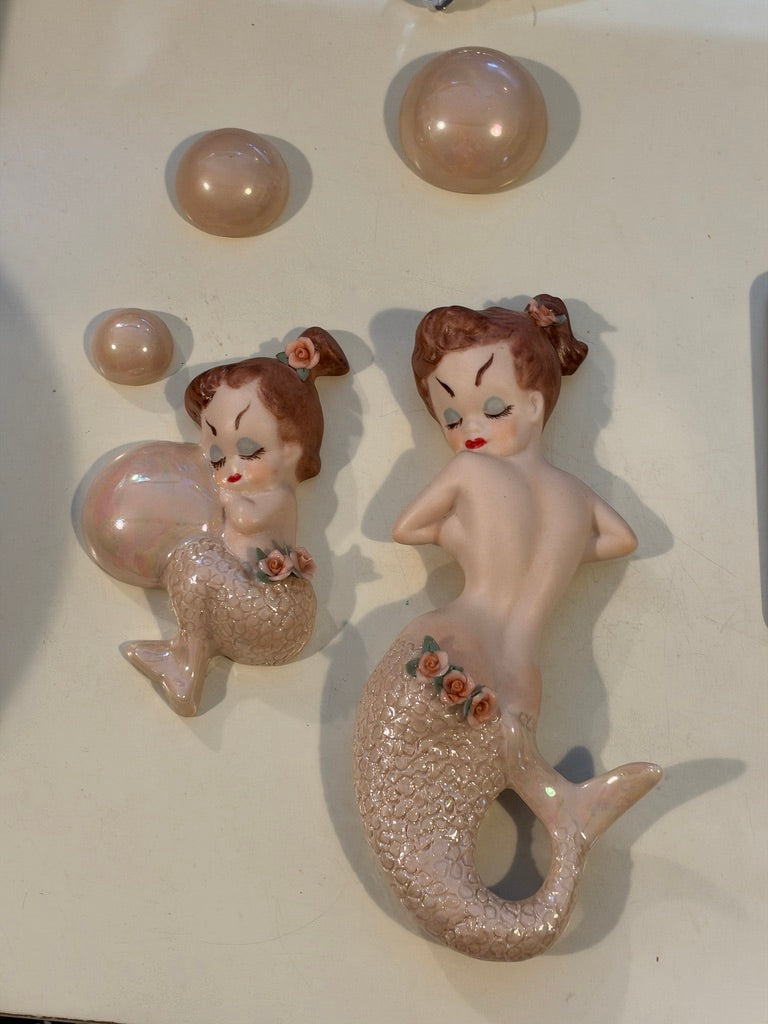 Midcentury Mermaid Wall Plaques with Bubbles at Duckwells