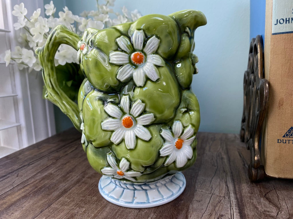 Midcentury Ceramic Pitcher, Green Apple and Daisies Inarco 1967 at Duckwells
