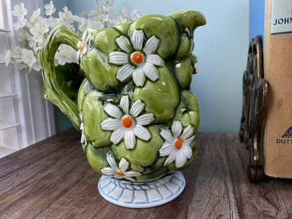 Midcentury Ceramic Pitcher, Green Apple and Daisies Inarco 1967 at Duckwells