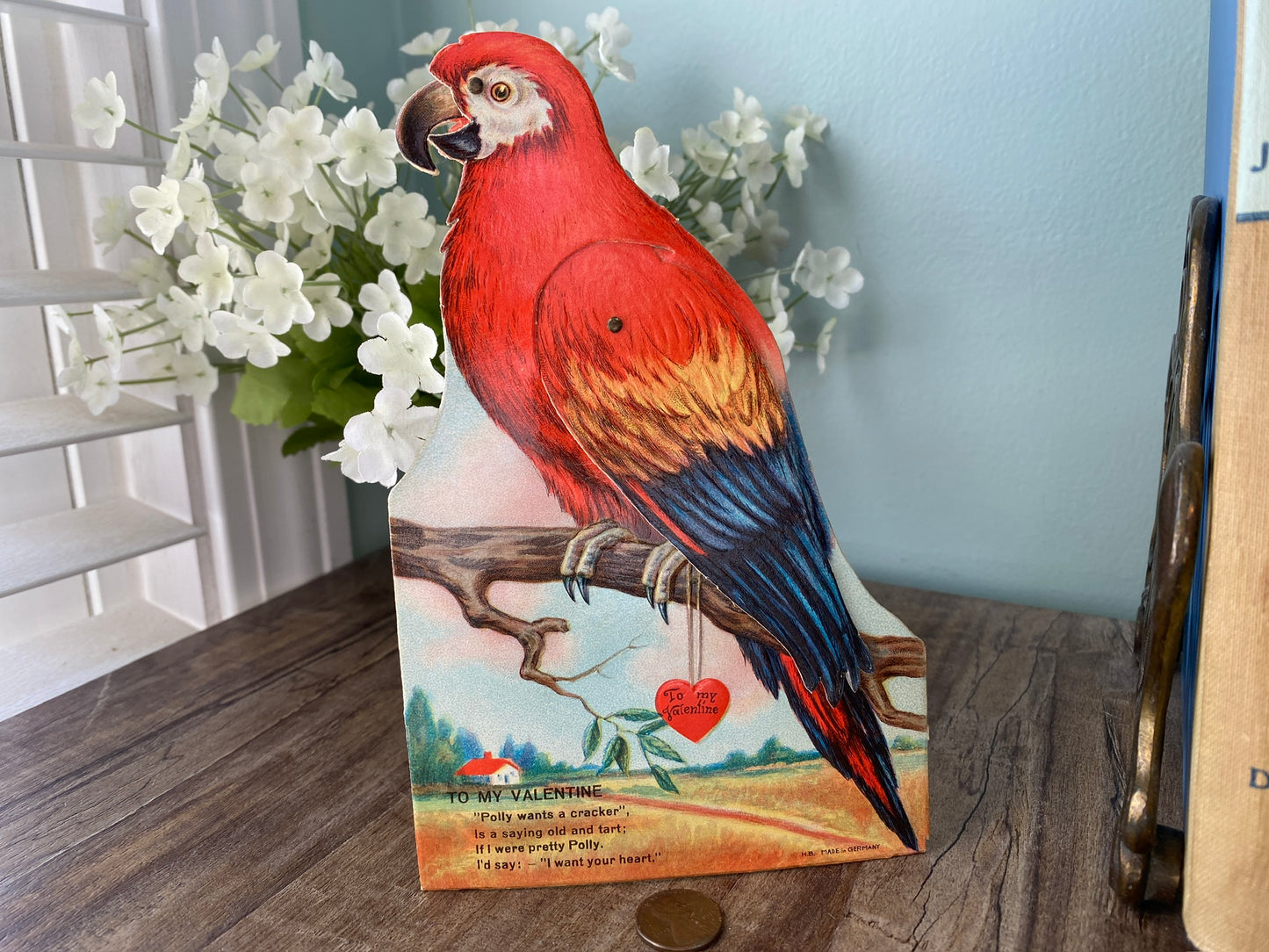 Antique Valentine's Day Card, Mechanical Die Cut Parrot at Duckwells
