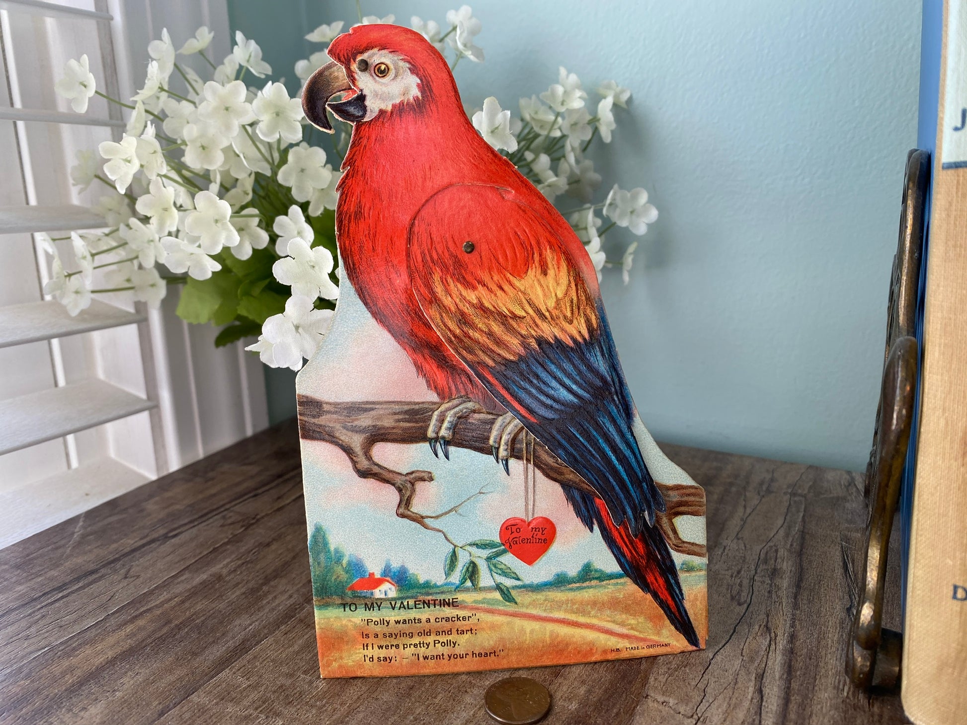 Antique Valentine's Day Card, Mechanical Die Cut Parrot at Duckwells