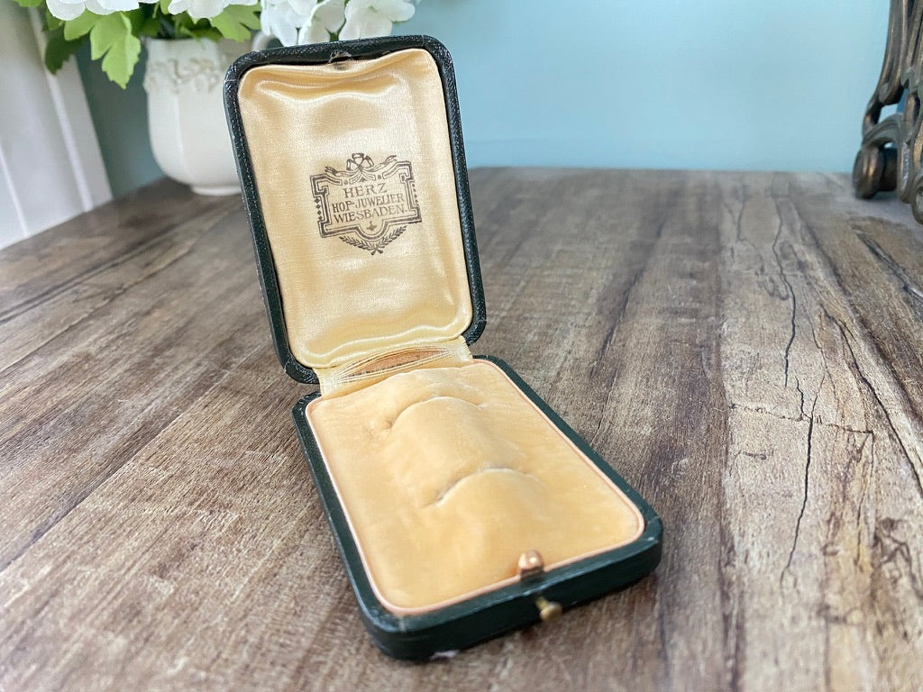 Antique Double Ring Box, Leather with German Jewelry Store Logo at Duckwells