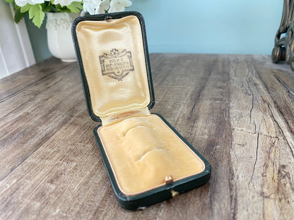 Antique Double Ring Box, Leather with German Jewelry Store Logo at Duckwells