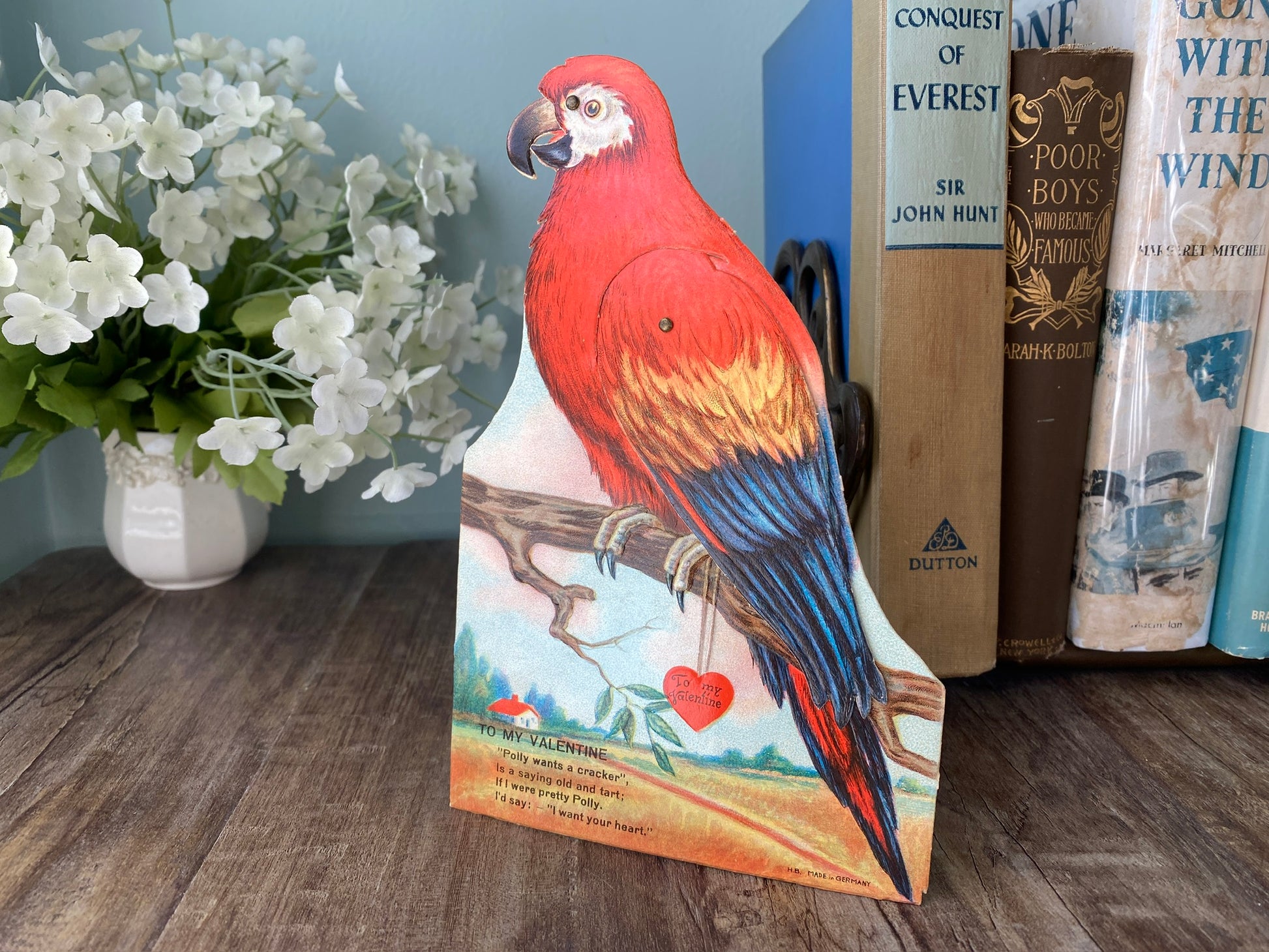Antique Valentine's Day Card, Mechanical Die Cut Parrot at Duckwells
