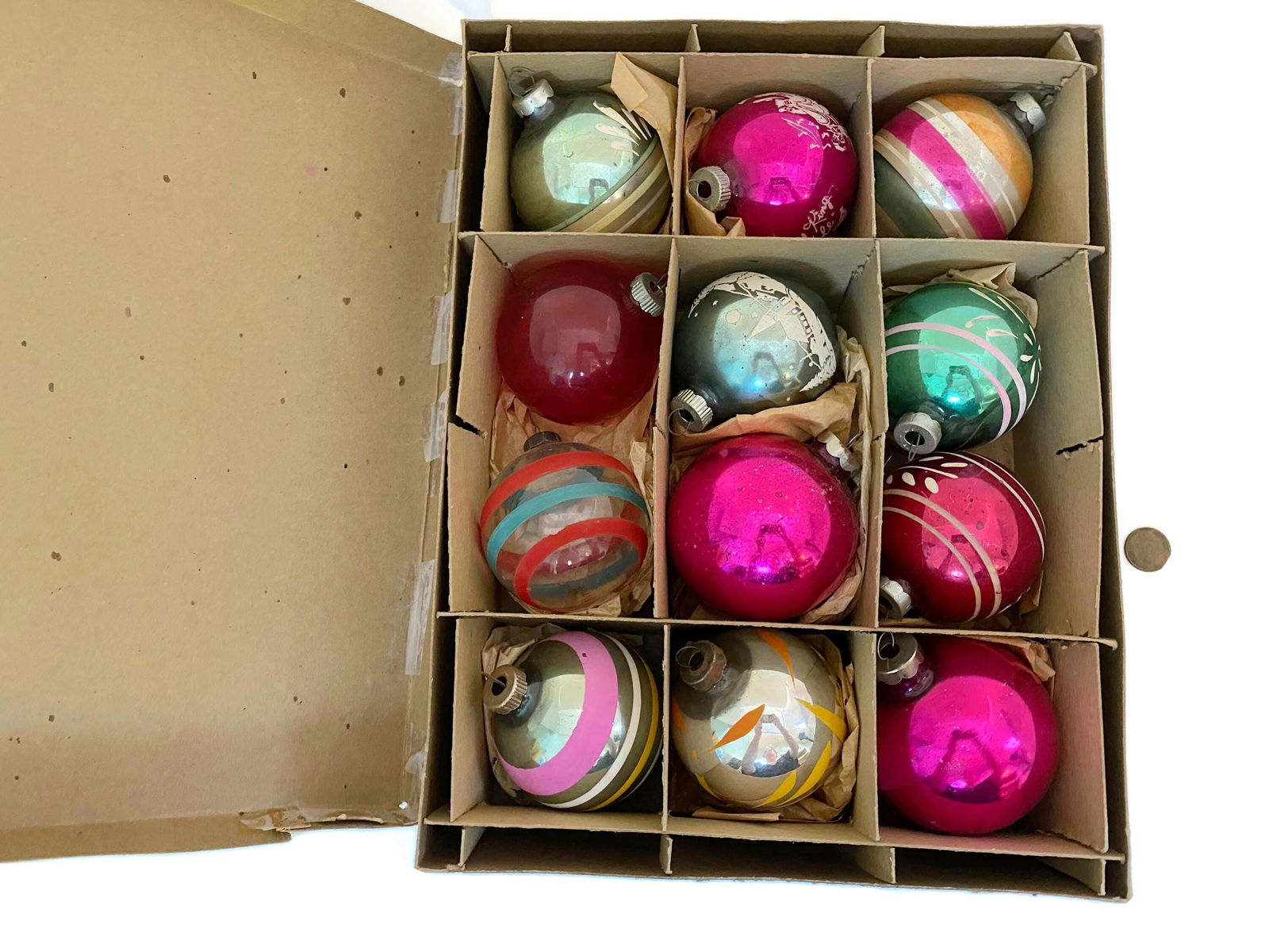 Midcentury Glass Christmas Tree Ornaments in a Shiny Brite Box - Duckwells