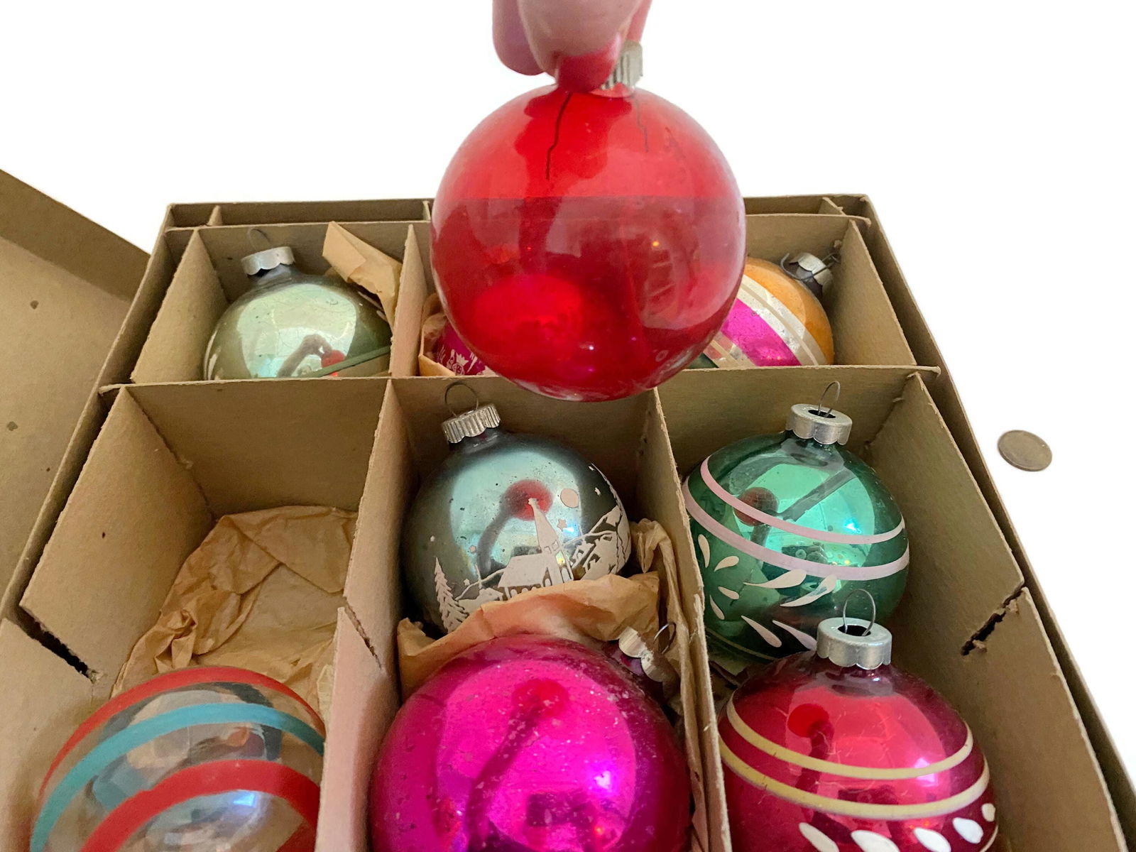 Midcentury Glass Christmas Tree Ornaments in a Shiny Brite Box - Duckwells