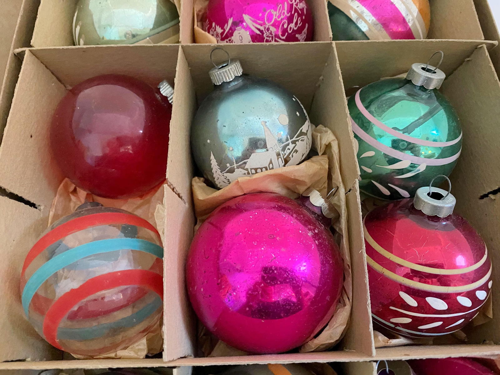 Midcentury Glass Christmas Tree Ornaments in a Shiny Brite Box - Duckwells