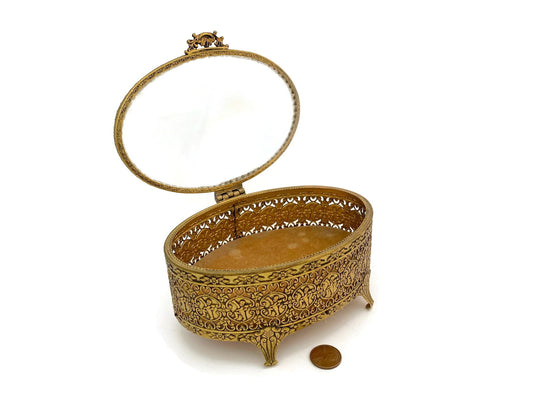 Midcentury Ornate Filagree Gold Jewel Box with Cherubs - Duckwells