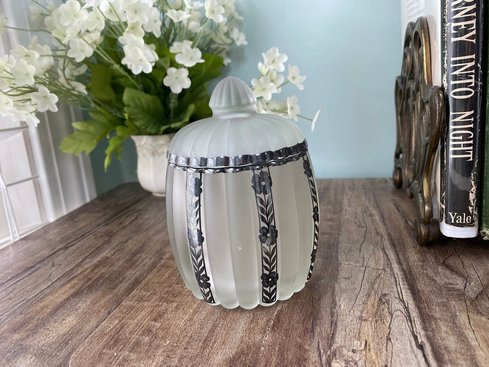 Vintage Frosted Glass Dresser Jar with Sterling Silver Overlay - Duckwells