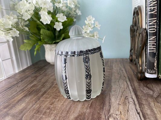 Vintage Frosted Glass Dresser Jar with Sterling Silver Overlay - Duckwells