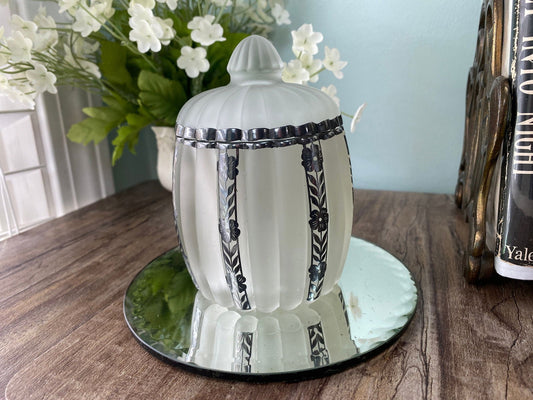 Vintage Frosted Glass Dresser Jar with Sterling Silver Overlay - Duckwells