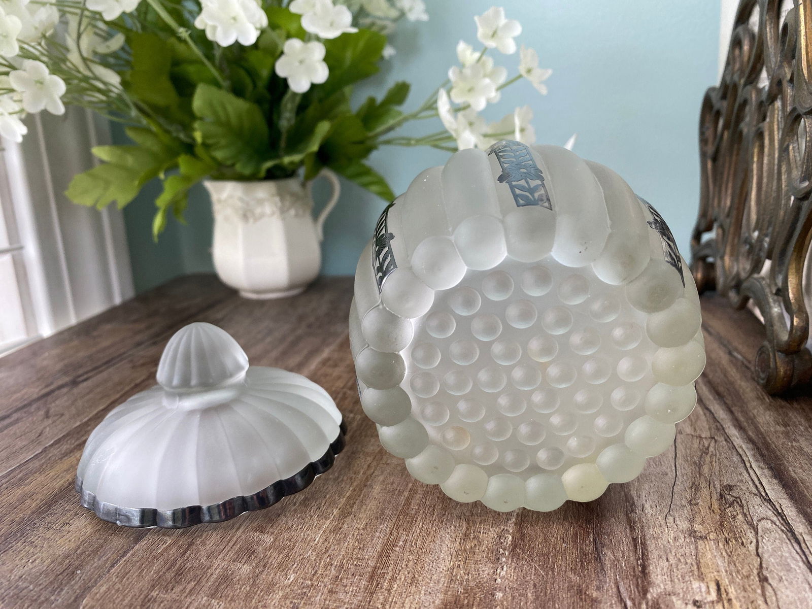 Vintage Frosted Glass Dresser Jar with Sterling Silver Overlay - Duckwells