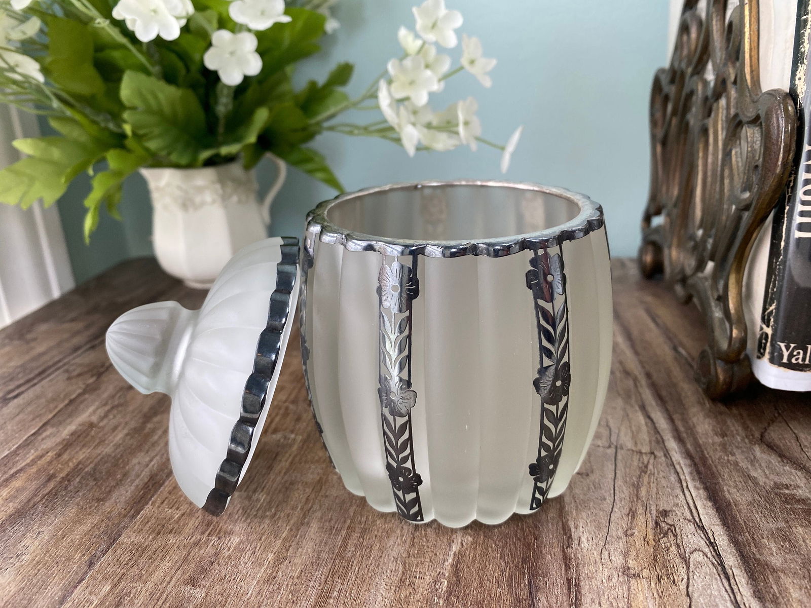 Vintage Frosted Glass Dresser Jar with Sterling Silver Overlay - Duckwells