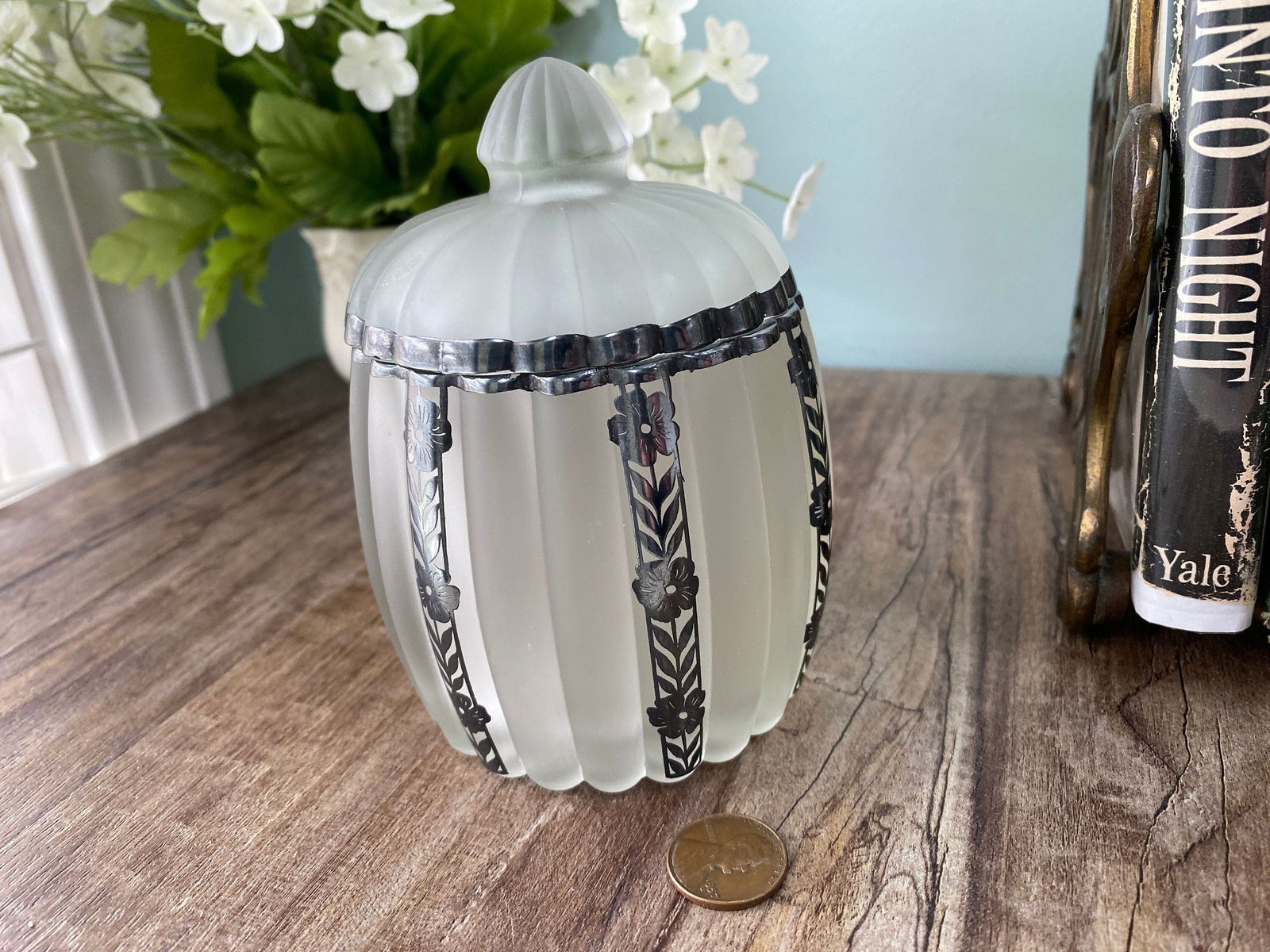 Vintage Frosted Glass Dresser Jar with Sterling Silver Overlay - Duckwells