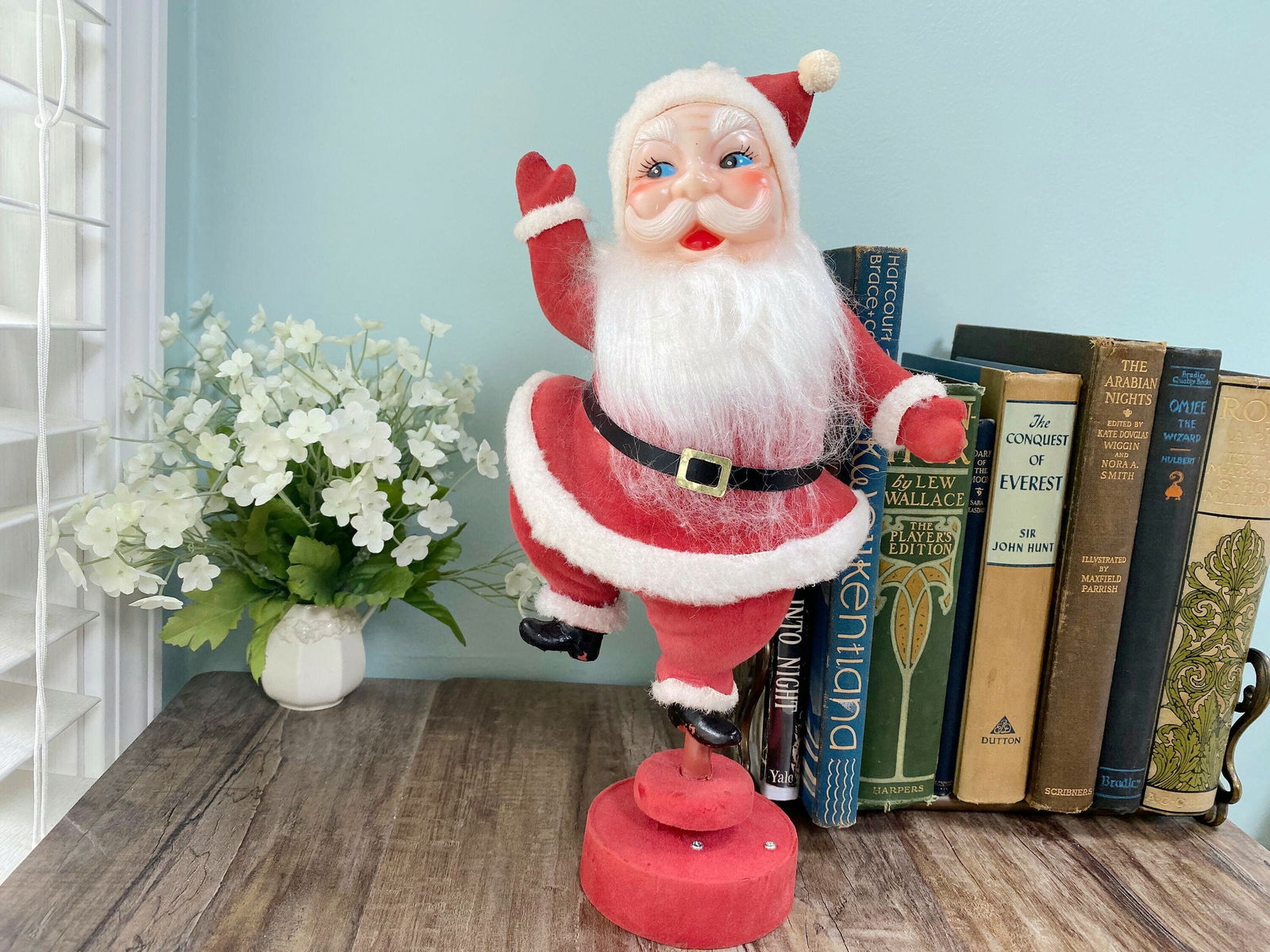 Vintage Musical Rotating Flocked Santa Claus Christmas Decoration - Duckwells