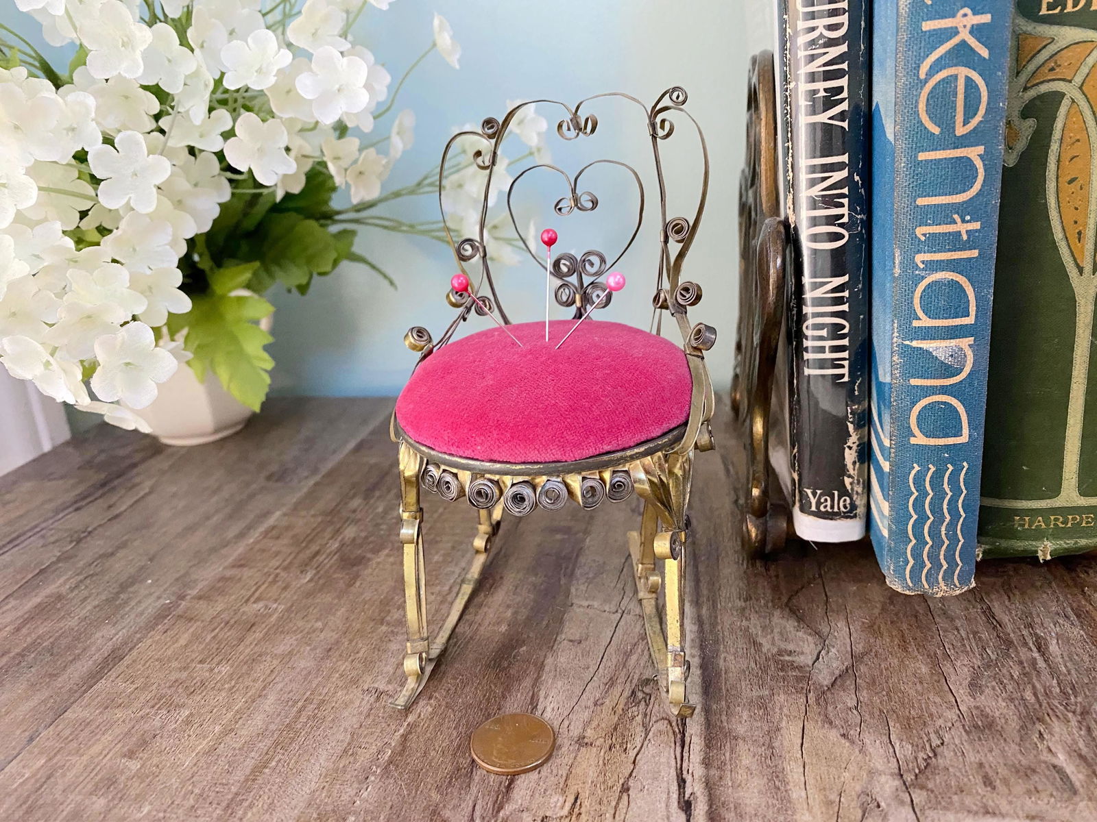 Vintage Tin Can Folk Tramp Art Quilled Rocking Chair Pin Cushion - Duckwells