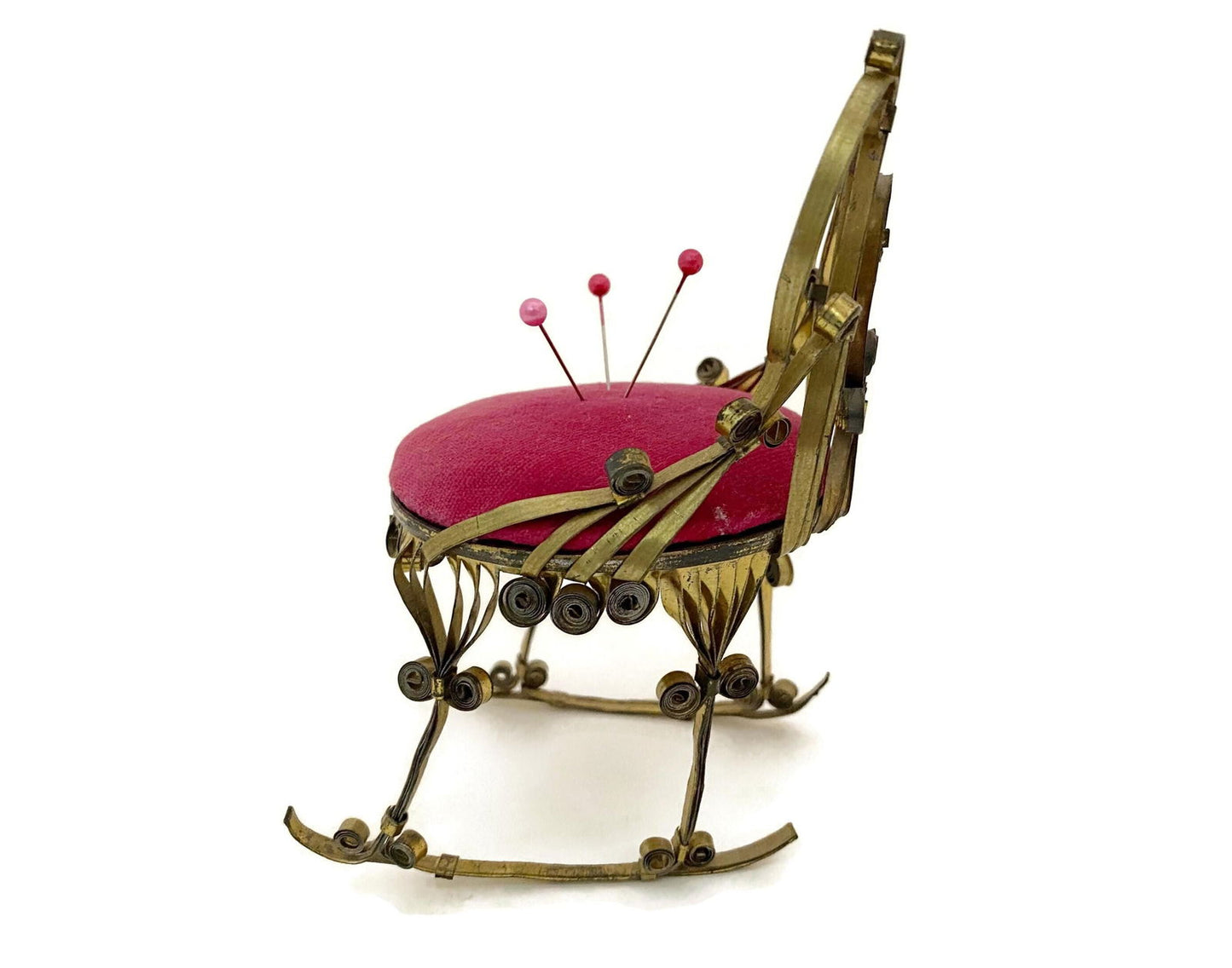 Vintage Tin Can Folk Tramp Art Quilled Rocking Chair Pin Cushion - Duckwells