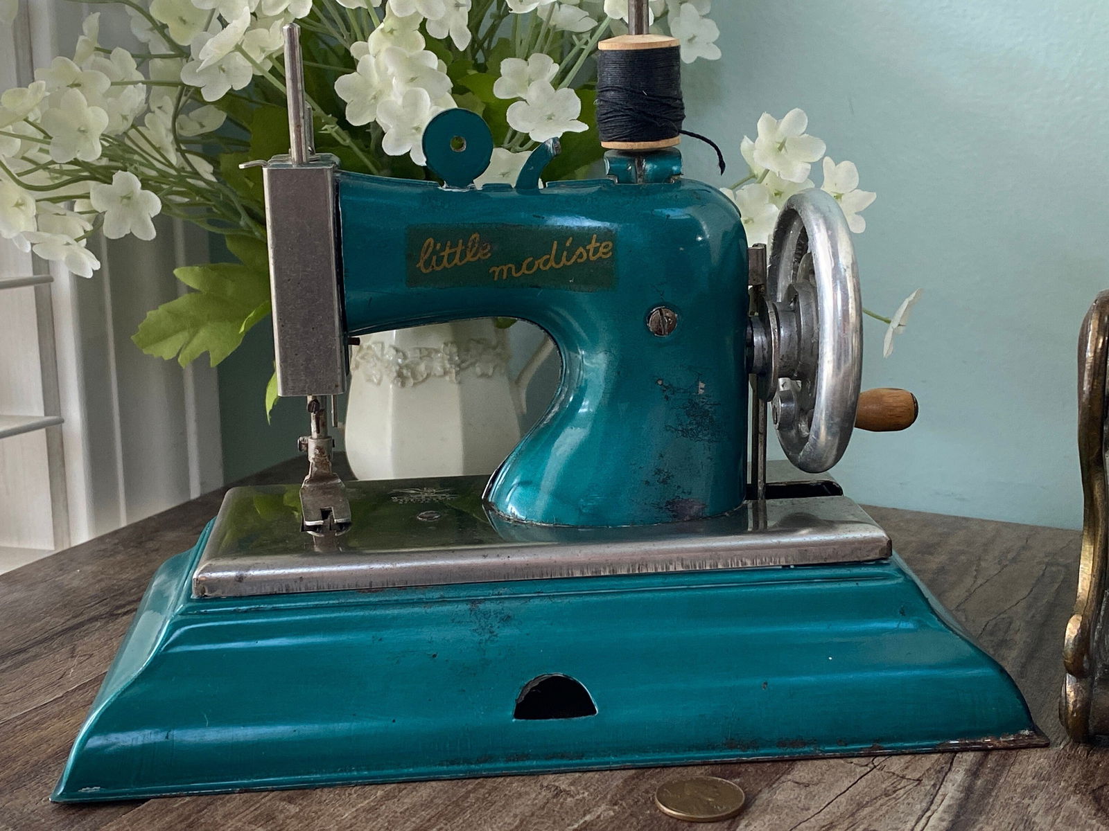 Vintage Toy Sewing Machine Green Casige Model Little Modiste Made in Germany British Zone - Duckwells