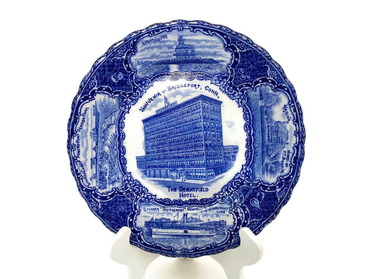 Antique Souvenir of Bridgeport, Conn Blue and White Plate