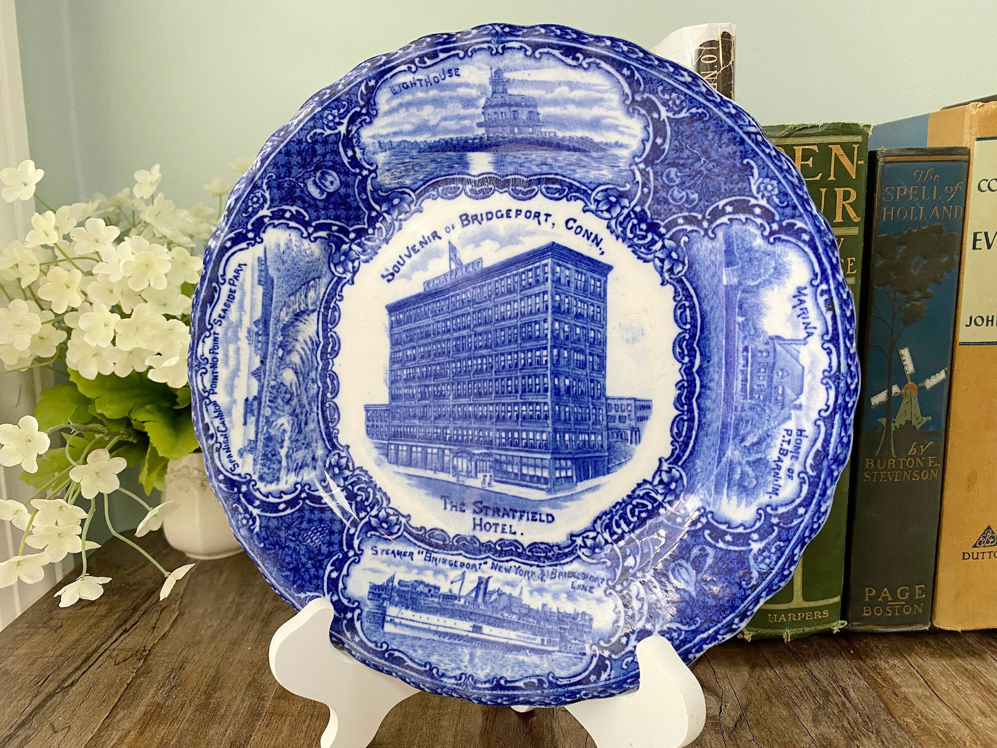 Antique Souvenir of Bridgeport, Conn Blue and White Plate