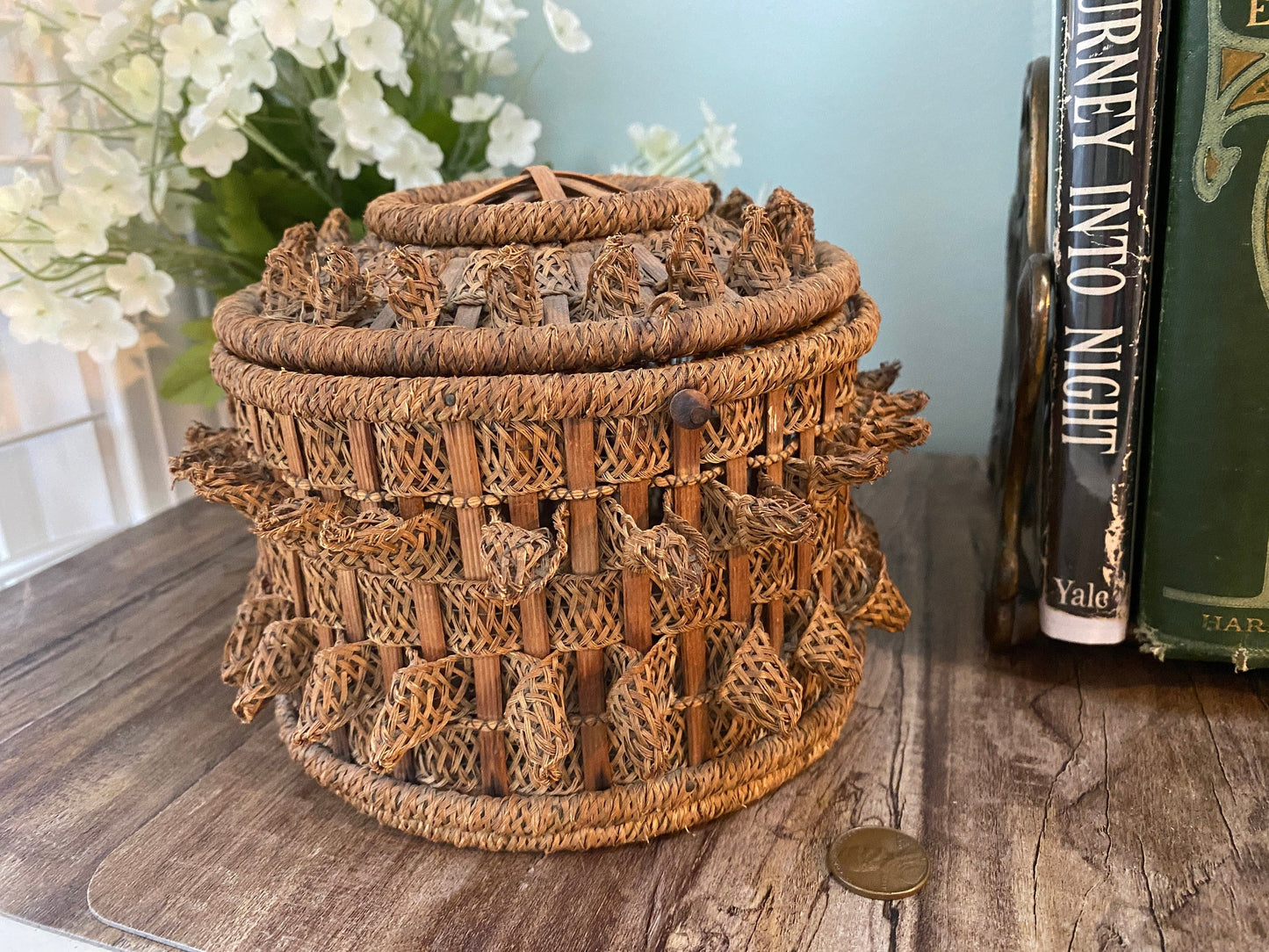 Antique Woven Basket, Lidded German Victorian Era
