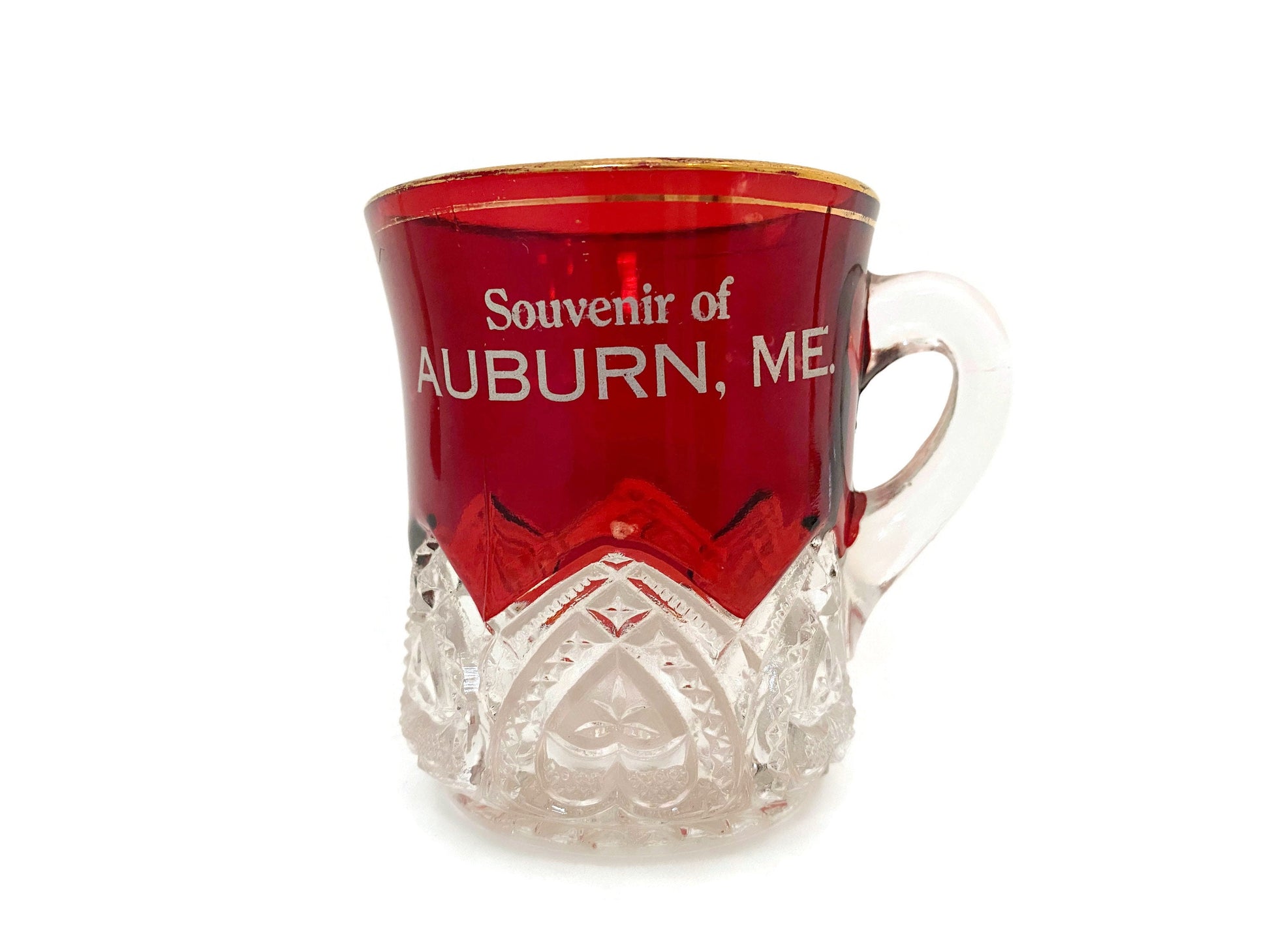 Antique Ruby Stained Glass Cup Souvenir of Auburn Maine at Duckwells