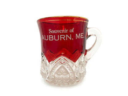 Antique Ruby Stained Glass Cup Souvenir of Auburn Maine at Duckwells