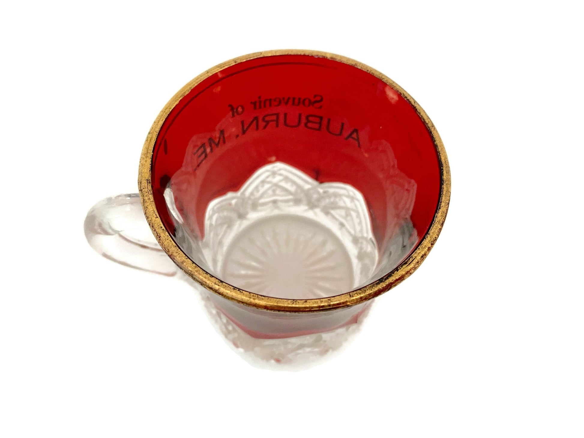 Antique Ruby Stained Glass Cup Souvenir of Auburn Maine at Duckwells