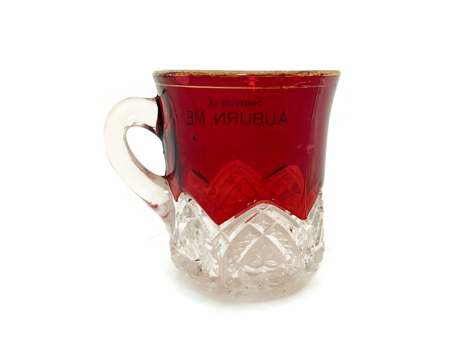 Antique Ruby Stained Glass Cup Souvenir of Auburn Maine at Duckwells