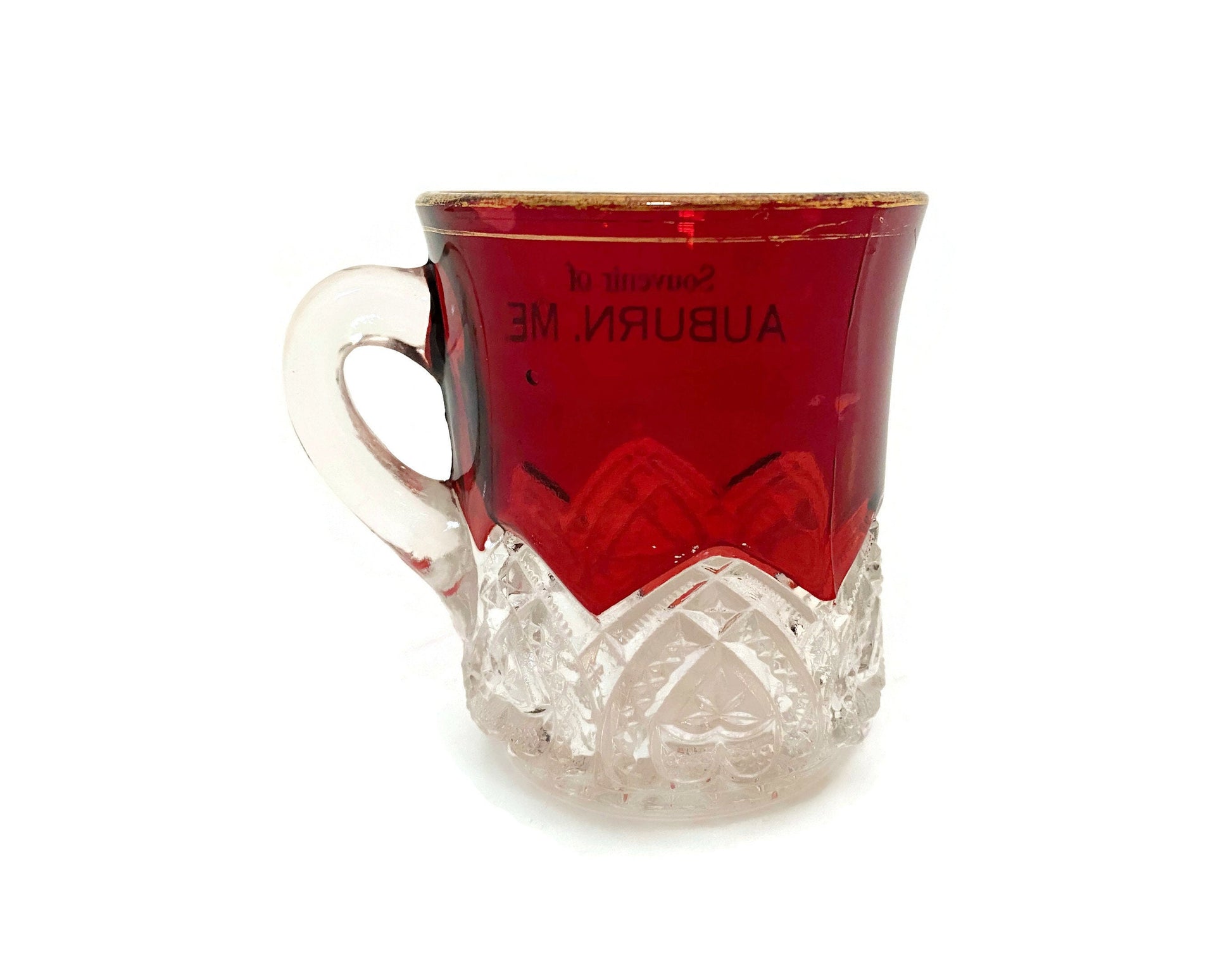 Antique Ruby Stained Glass Cup Souvenir of Auburn Maine at Duckwells