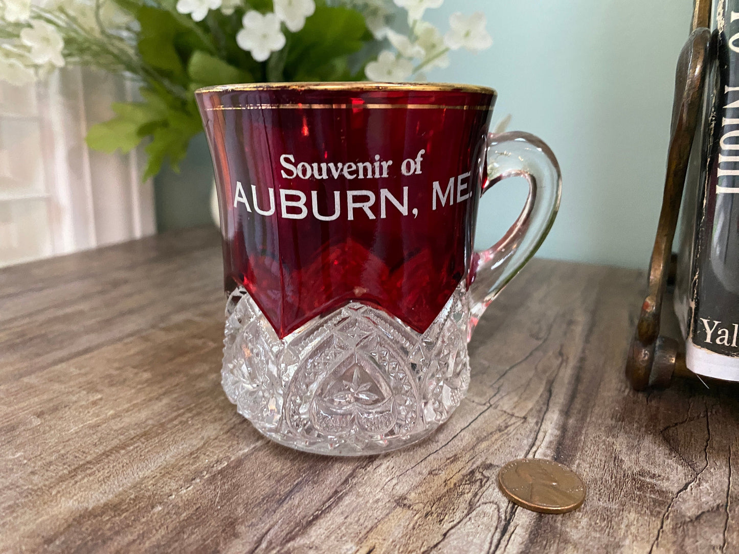 Antique Ruby Stained Glass Cup Souvenir of Auburn Maine at Duckwells