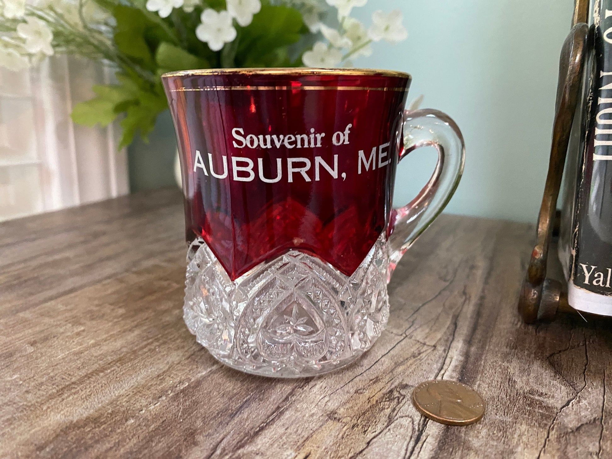 Antique Ruby Stained Glass Cup Souvenir of Auburn Maine at Duckwells