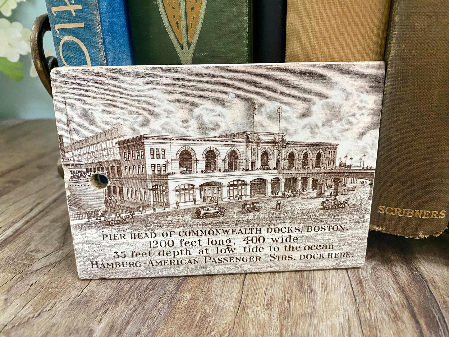 Antique Wedgwood Calendar Tile - 1914 Pier Head of Commonwealth Docks, Historic Boston